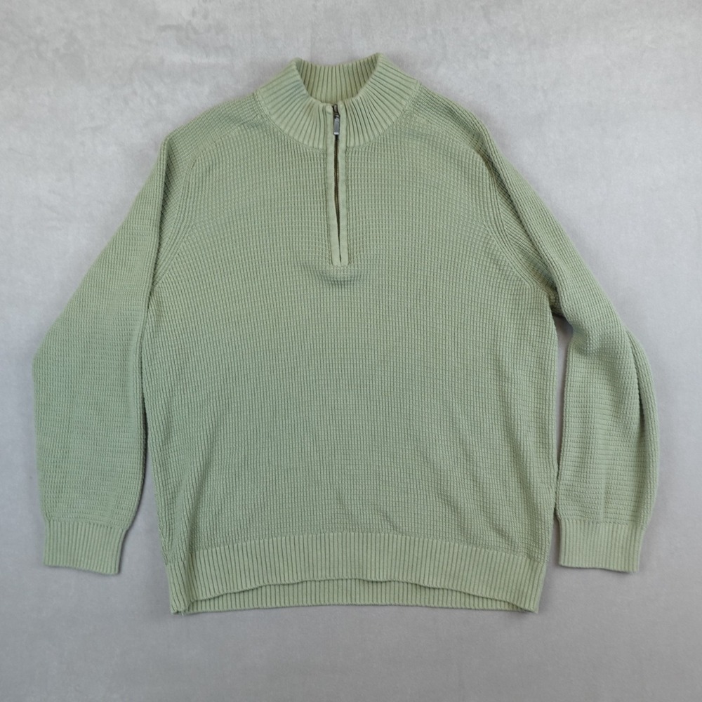 LL Bean Sweater Mens Large Green Knit 1/4 Zip Ribbed